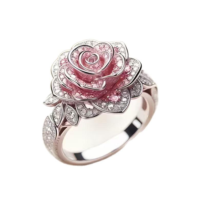 Trendy Flower Shape Rose Gold Color Two Piece Set Inlay Stone Rings for Women Fashion Rings Accessories Custom Jewelry