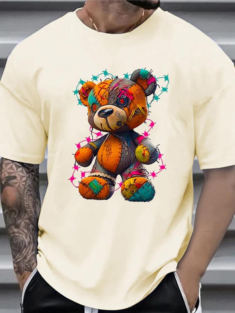Men's Summer 100 Cotton Fashionable Casual Sports Loose Large Cartoon Teddy Bear Pattern Printed Round Neck Short Sleeve T-shirt