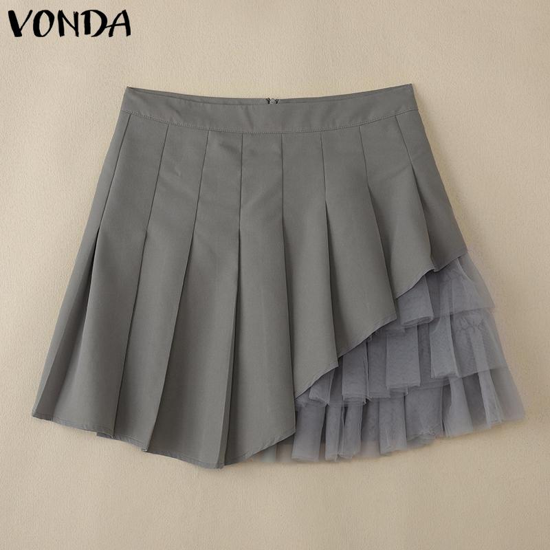 VONDA Women Zipper Up Waist Solid Color Mesh Patchwork Mini Pleated Skirts