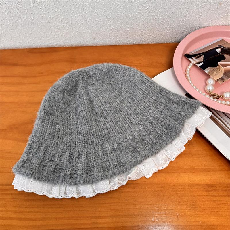 Early autumn lace knitted pot hat female winter face small cute big head circumference warm bucket hat wool hat