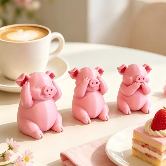 Unique Pig Figurine for Birthday Gift 3 Pcs Cute Mini Figurines, 3D Printed See Hear Speak No Evil Adorable Animal Home Decor Pink Statue, Novelty