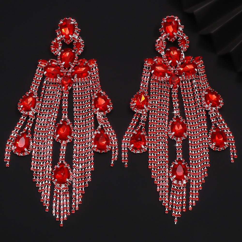 

Stonefans Red Tassel Earrings Long Dangle Sparkly Elegant for Women Bohemian Exaggerated Jewelry Luxury Crystal Accessories Gift