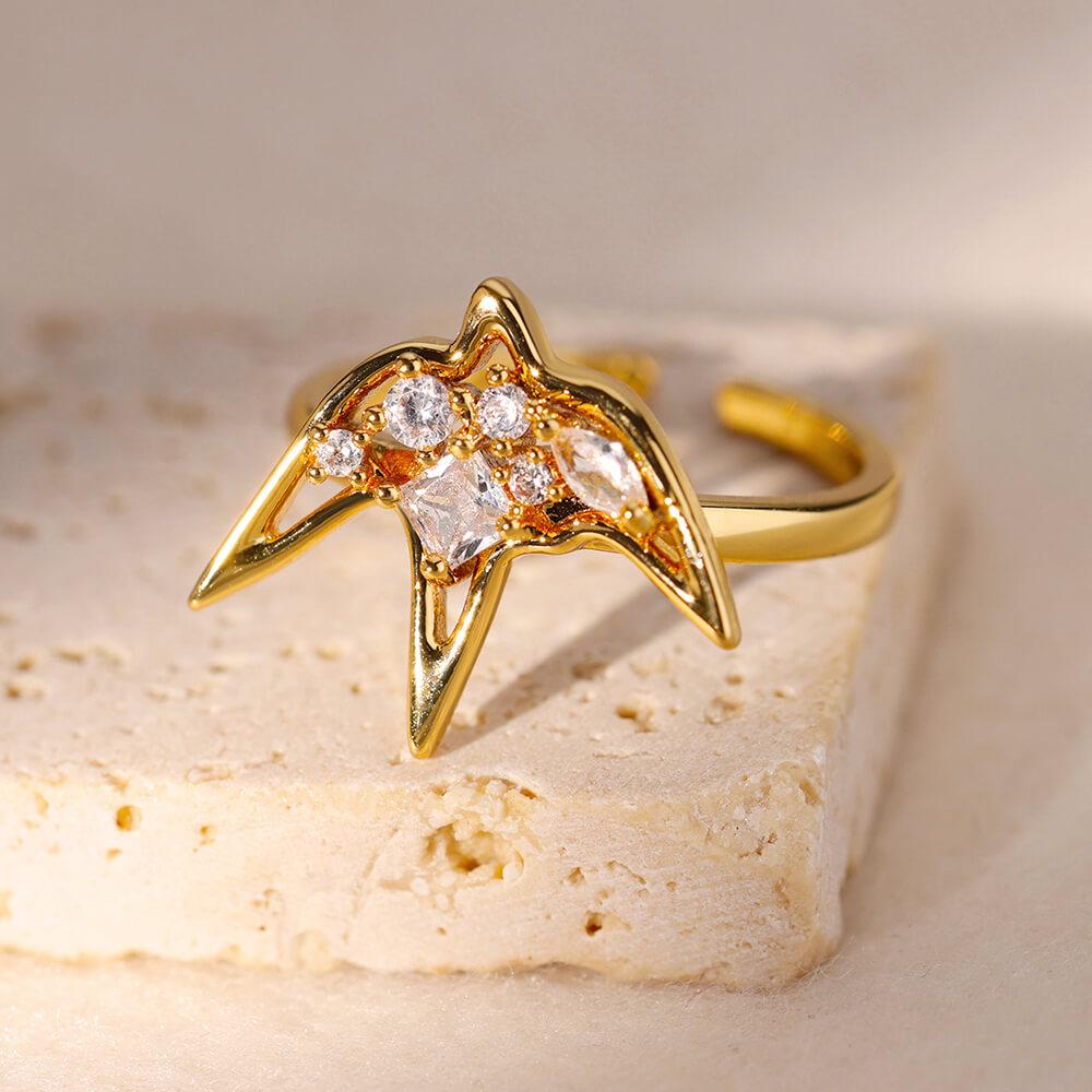 Geometric Zircon Swallow Ring for Women Gold Color Stainless Steel Opening Ring Aesthetic Wedding Christmas Jewelry Gift