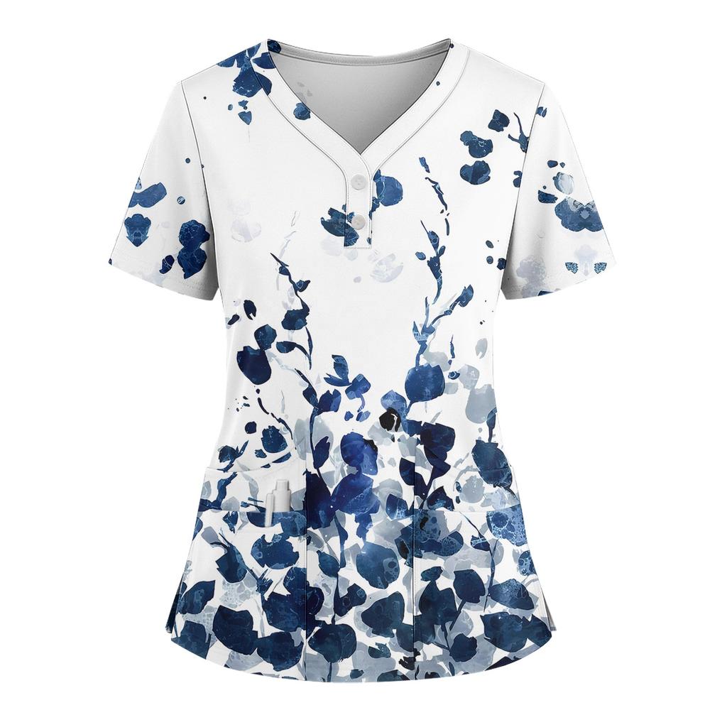 Women's Loose Short Sleeved Fashionable Flowers And Plants Printing V-neck Buttonable Side Slit Top T-shirt