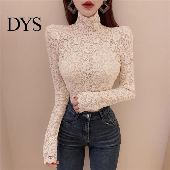 Tops Turtleneck Long Sleeves Perspective Thin Bottoming Top Blouse Women Embroidery Floral Crochet Lace Hollow
