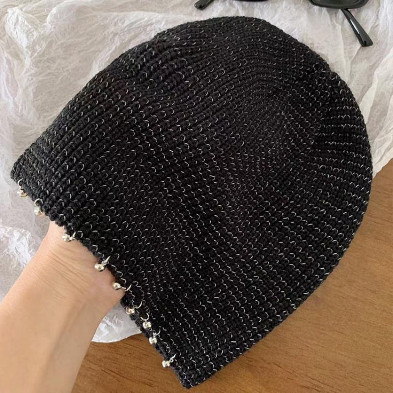 Ins Spicy Girl Sequin Pile Hat Hat Women's Versatile Fashion Handmade Knitted Hollow Out Face Display Cold Hat with Head Cover