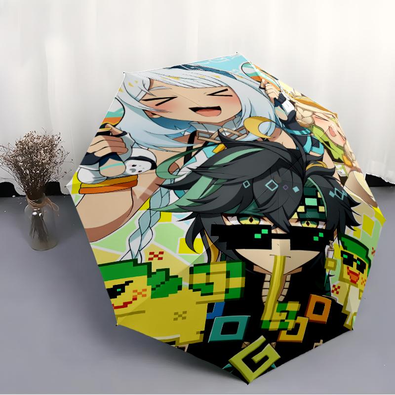 Genshin Impact characters1 Print Automatic Umbrella, 8 Rib Iron Frame, Plastic Handle, Suitable for Outdoor Travel &Daily , Ideal Gift