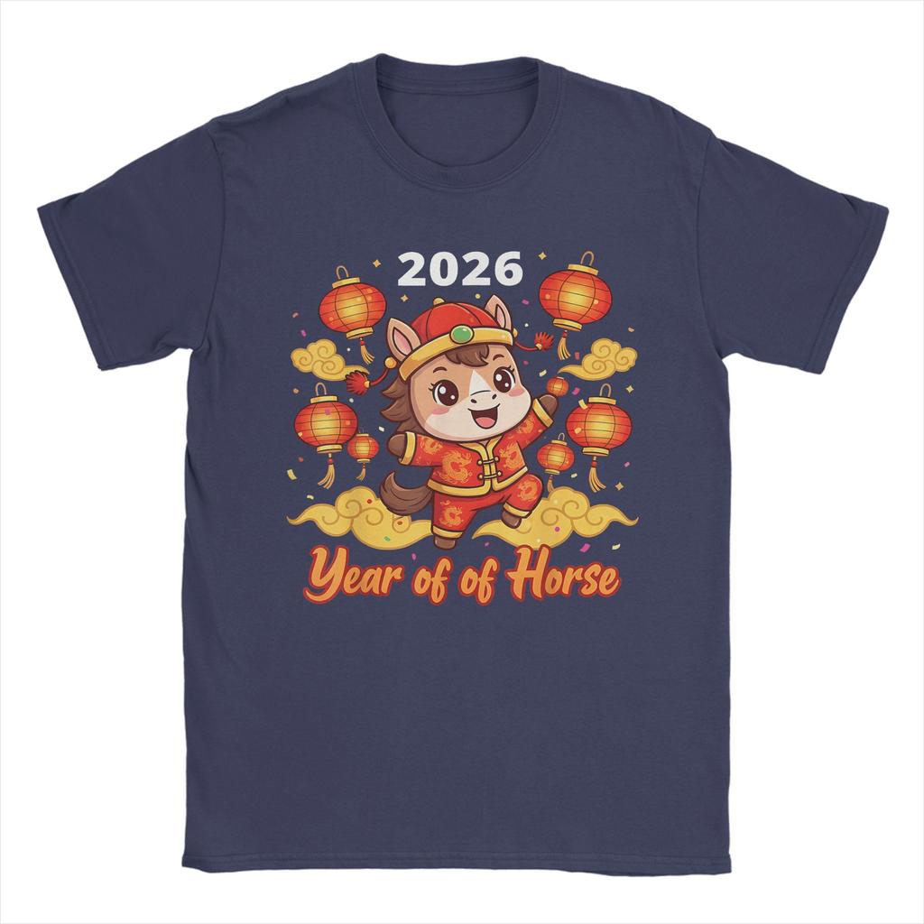Casual TShirt Beach New Year 2026 Horse Happy Chinese New Year 2026 Hippie T Shirts  Cotton Tee Shirt for Men Y2K Clothing