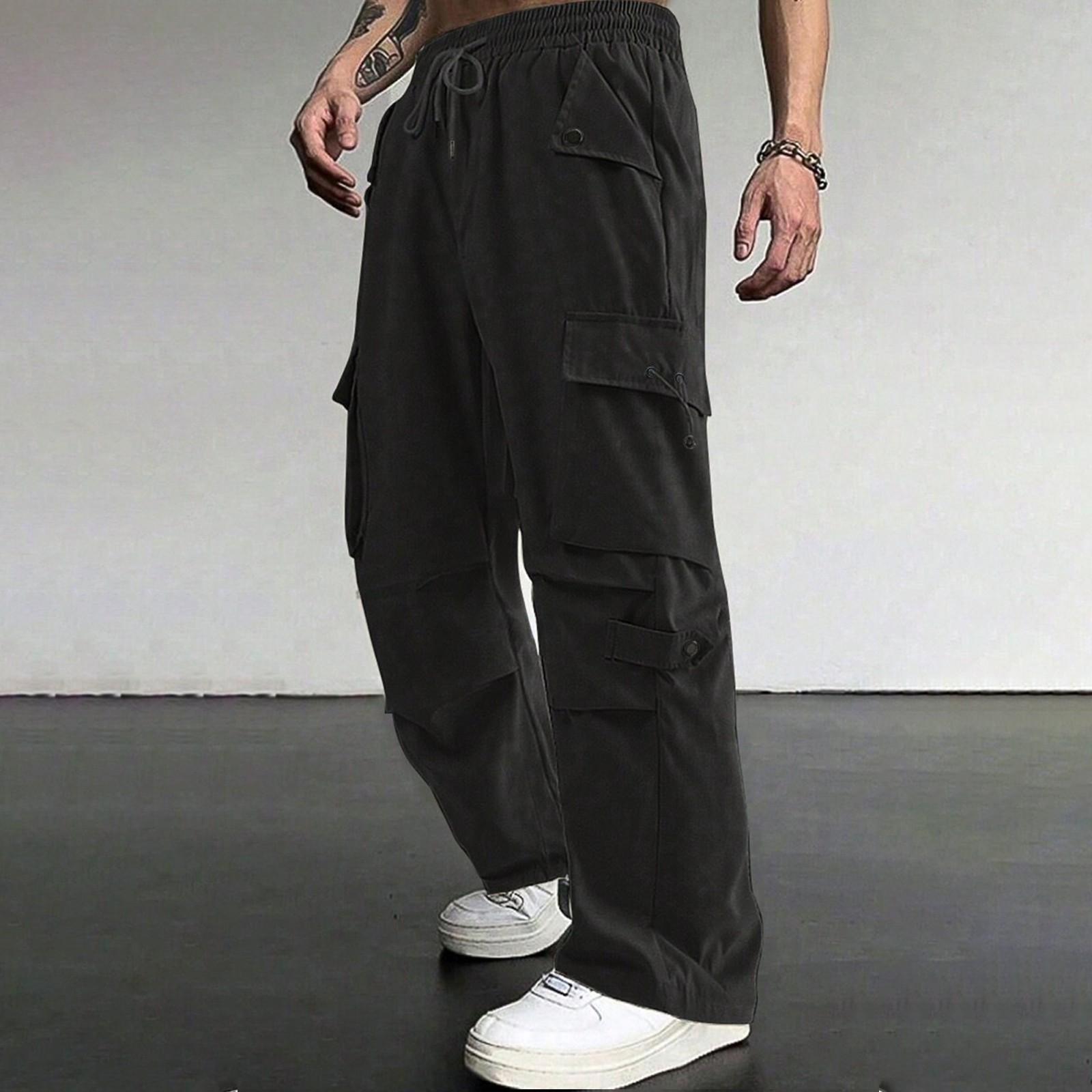 

Men s Loose Casual Multi-pocket Work Pants, Youth Stretch Waist Drawstring Pants L чорний