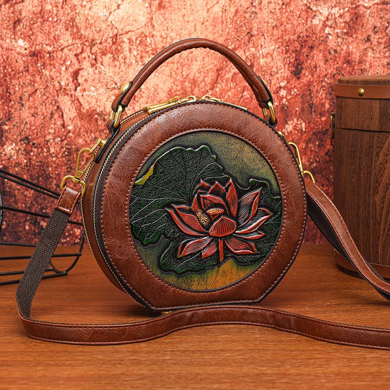 

Этническая винтажная круглая сумка через плечо - женская сумка через плечо с резным цветком ручной работы, минималистичная текстура, сумка-тоут большой вместимости