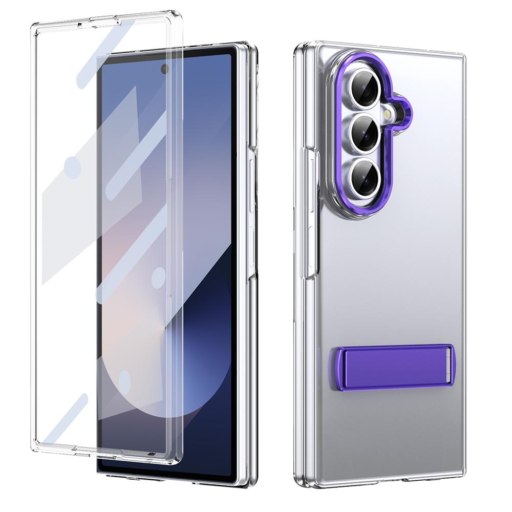 KEYSION Transparent Case for Samsung Galaxy Z Fold 7 Hard PC Metal Kickstand Shockproof Phone Cover with Glass Screen Protector