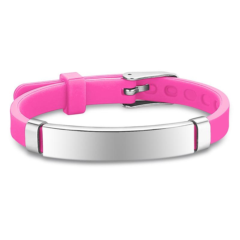

Персонализированный ID-браслет для детей, регулируемый, из мягкого силикона, с кулоном из нержавеющей стали, для экстренных случаев, с именем и телефоном, на заказ 14-20cm adjustable ярко-розовый