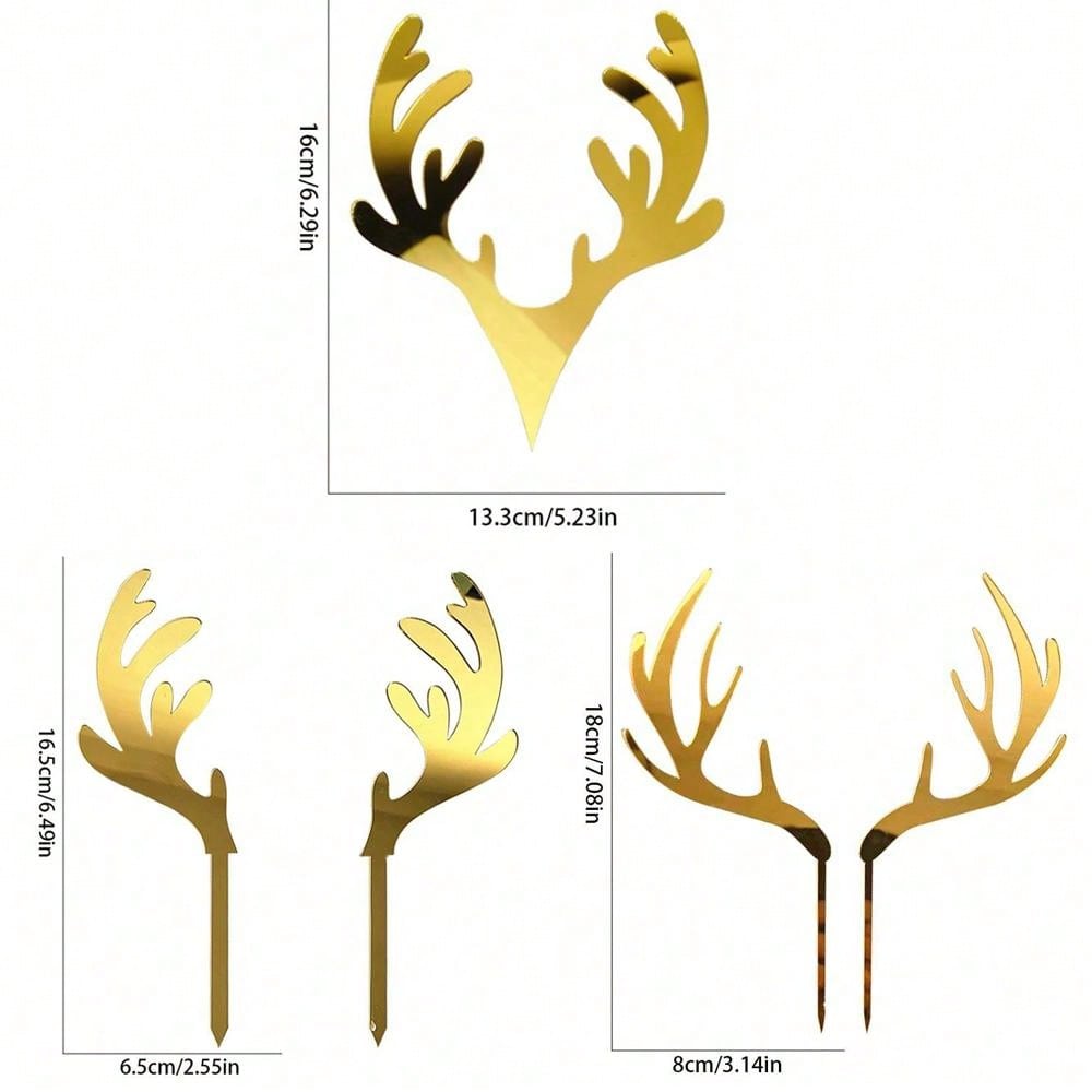 2pcs/set Gold Acrylic Deer Antler Cake Plug-in for Christmas New Year Birthday Party Cake Topper DIY Decoration Supplies