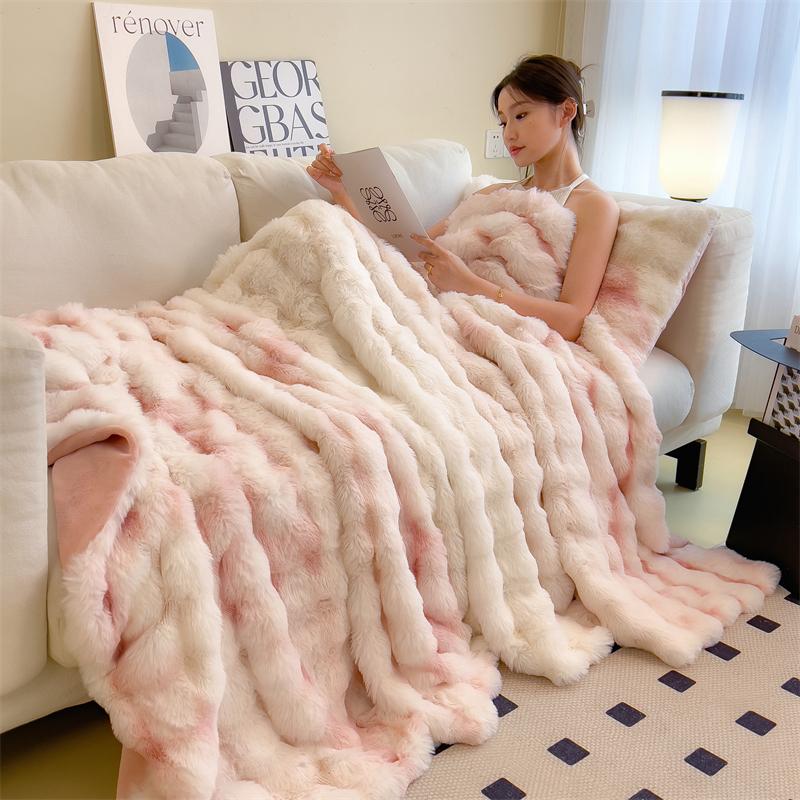 Luxury Super Soft Faux Rabbit Fur Blanket Fluffy Pink White Gradient Throw Blankets for Sofa Bed Winter Warm Thick Plush Blanket