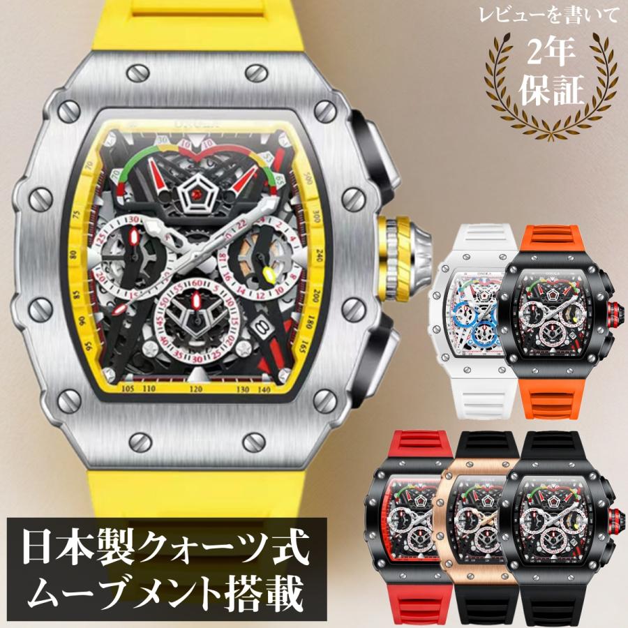 

Mens wristwatch chronograph homage watch quartz tonneau shape skeleton silicone strap date ONOLA ON6827.
