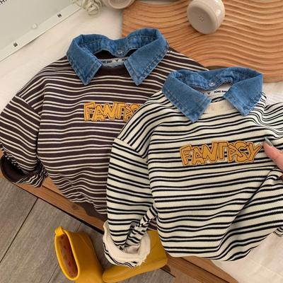 Boys' Striped Denim Collar Toddler Sweatshirt - Casual Autumn Top