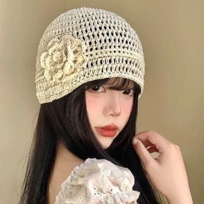 Korean Hand-woven Flower Knitted Caps Y2k Versatile Sequin Crochet Hat Hollow Thin Beanies Cap Spring Summer