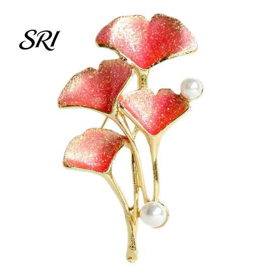 Enamel Brooch Pin Finish Imitation Pearls Ginkgo Leaf Design Zinc Faux Pearl Embellishment Alloy with Gold-Plated Edges Suits Coats Sweaters красный