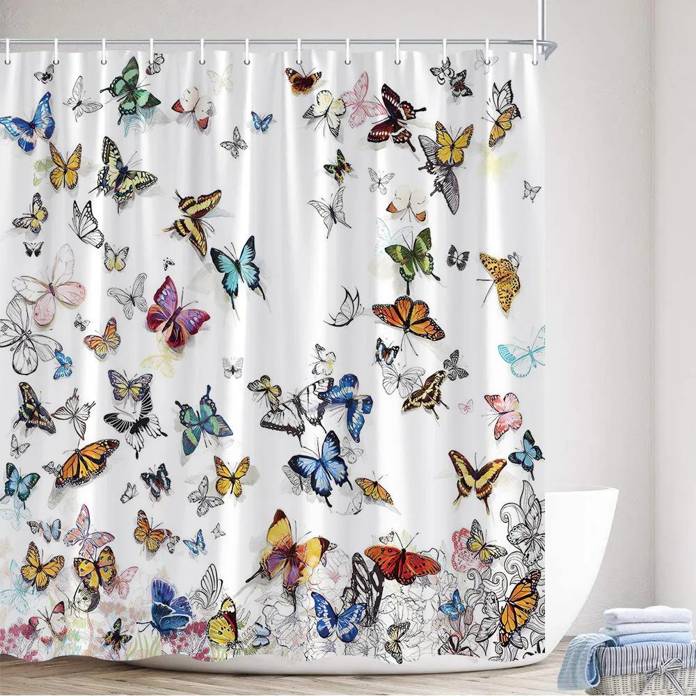 Cartoon Hand-Painted Animal Shower Curtain Cat Bird Rabbit Plant Flower Child Bathroom Decoration with Hook Bath Hanging Screen