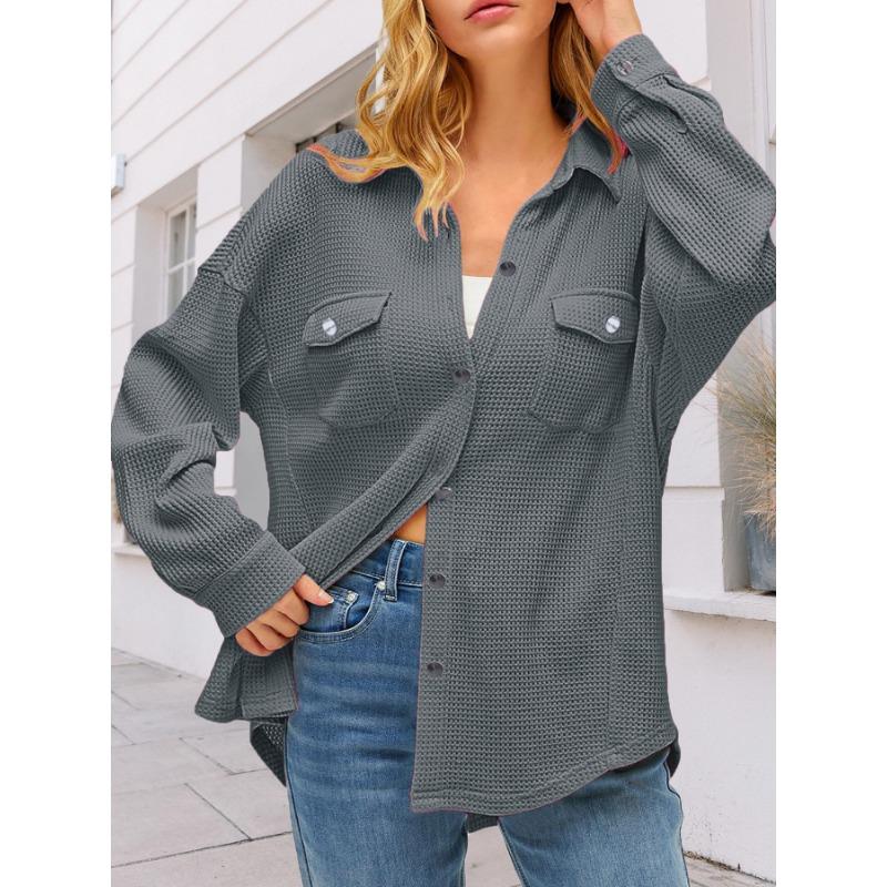 Women's Pocket Shirt Solid Color Casual Oversized Long Sleeve Waffle Weave Top