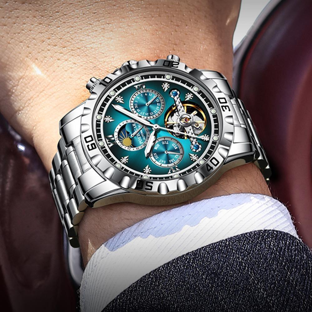 POEDAGAR Fashion Luxury Men Watch Automatic Date Week Man Wristwatch Hollow Tourbillon Mechanical Stainless Steel Men's Watches