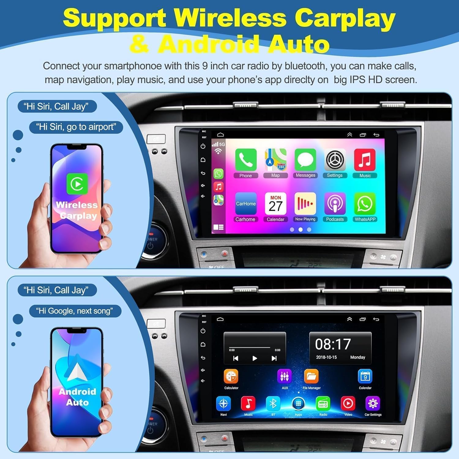 

9-дюймовая автомобильная магнитола для Toyota Prius 2010-2015, Android 12, Беспроводной CarPlay и Android Auto, GPS, WiFi, FM, Камера заднего вида, Микрофон, 4 ГБ + 64 ГБ United States