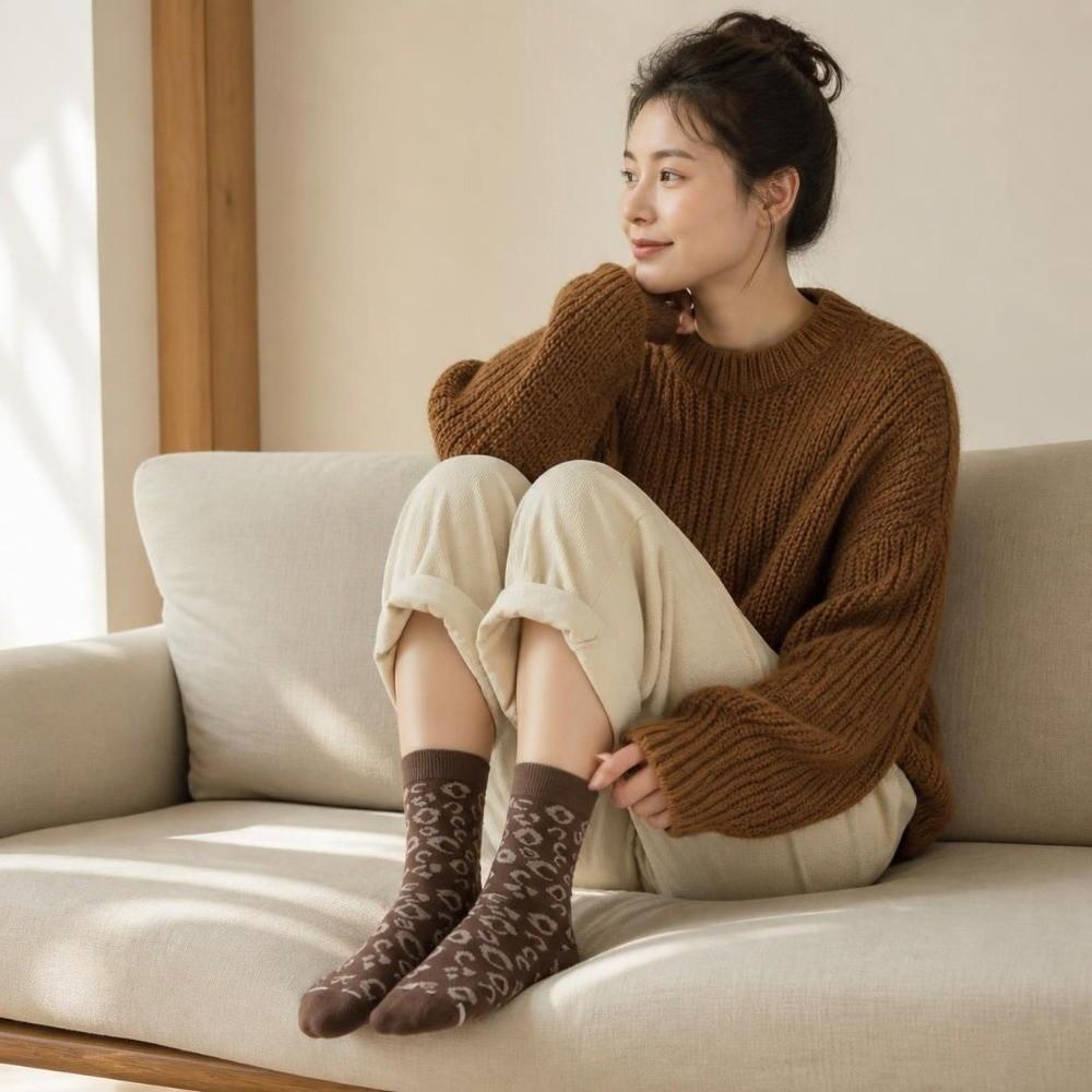 Leopard Print Thick Winter Socks Mid-tube Length Women's Cotton Socks Christmas Gift