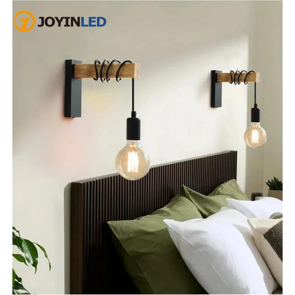 JOYINLED Retro Wood LED Wall Lamp E27 220V Industrial Pendant Light Live Room Bedside Lamp Decor for Bathroom Restaurant