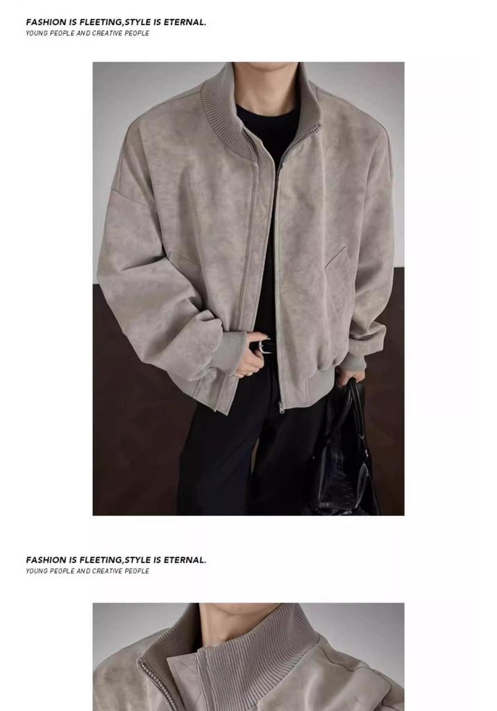 Men's Tie-Dye Leather Bomber Jacket with Stand-Up Collar - Trendy Autumn Heavyweight Outerwear