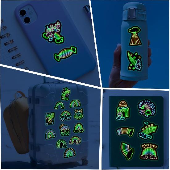 51 Pcs Neon Rainbow Stickers for Kids Glow in The Dark, Unicorns Sticker for Water Bottle, Vinyl Waterproof Laptop Decals for Teens Girls Boys,