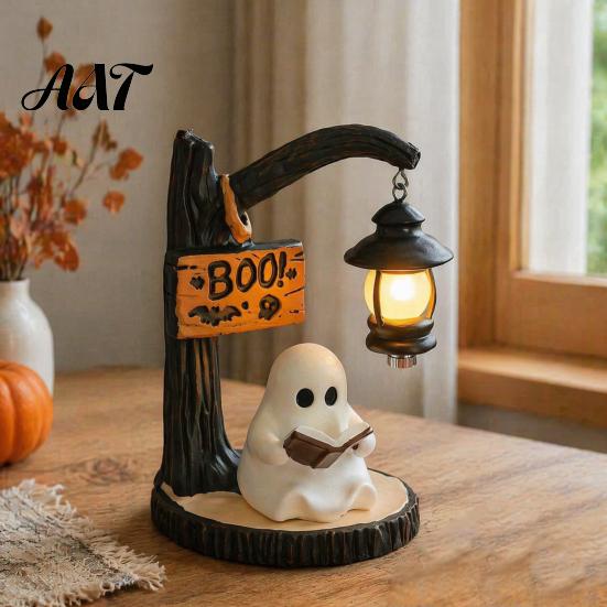 Cozy Halloween Atmosphere Light Hanging Ghost Night Resin Figurine, Vintage Farmhouse Glowing Tabletop Ornament, Country Style Display Warm