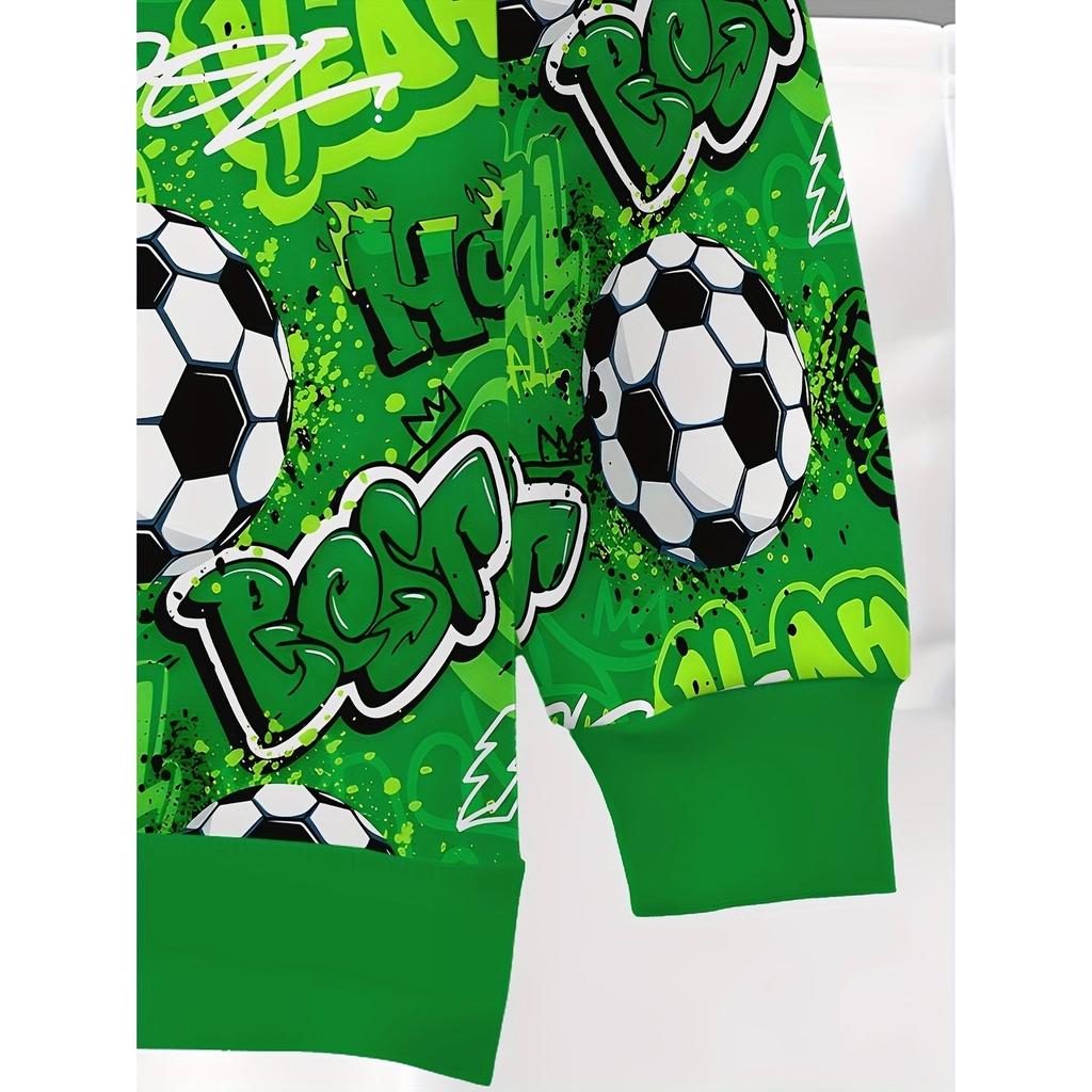 Boys' Colorful Green Football Pattern Hoodie, Birthday Gift for Autumn and Winter Daily Wear, Soft Hoodie