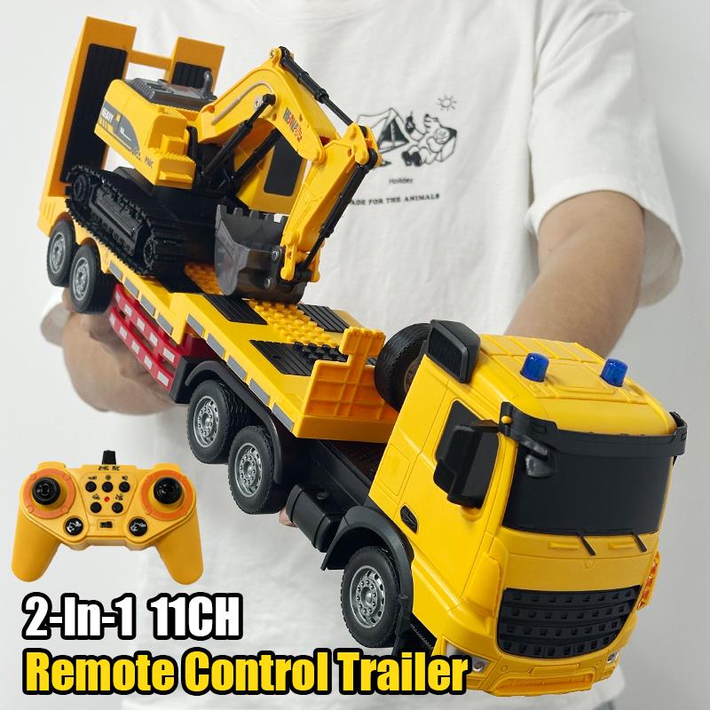 2 In 1 11CH Remote Control Car RC Trailer Flat Trucks Combination Truck Set with Excavator Engineer Vehicle 2.4G Christmas Gifts