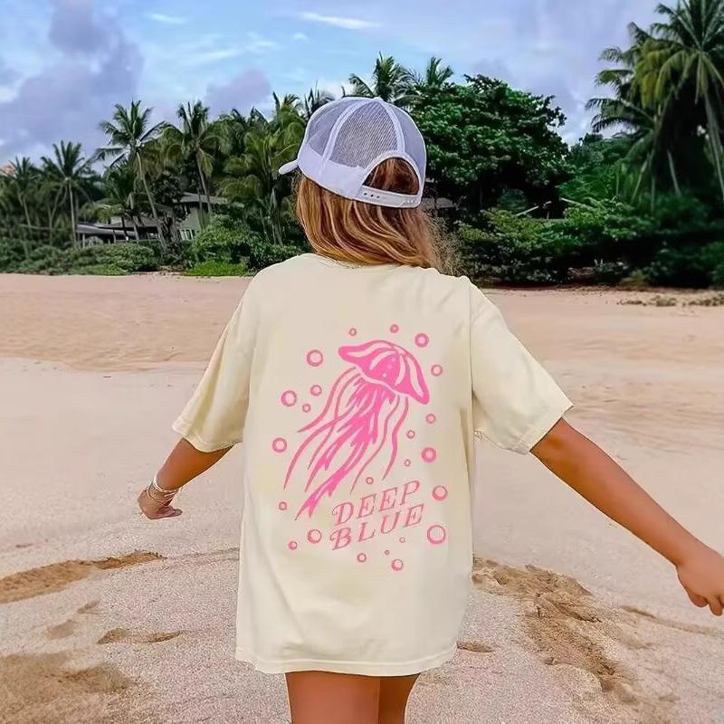 Women Fashion Crew Neck Short Sleeve Pink Jellyfish Print Sleeve T Shirt Top