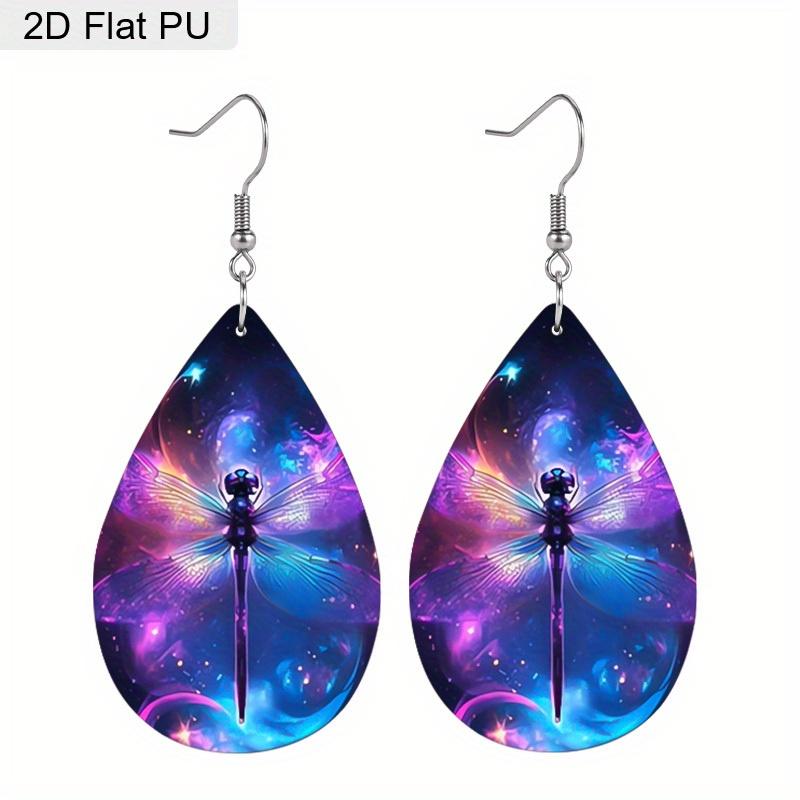 Fantastic Blue Purple Dragonfly Theme PU Earrings for Women, Tropical Style Insect Print Drop Earrings, Women's Fashion Drape Earrings