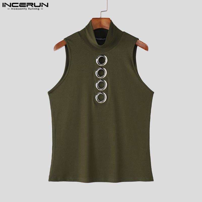 INCERUN Summer Men Mockneck Sleeveless Hollow Out Casual Rib Tank Tops