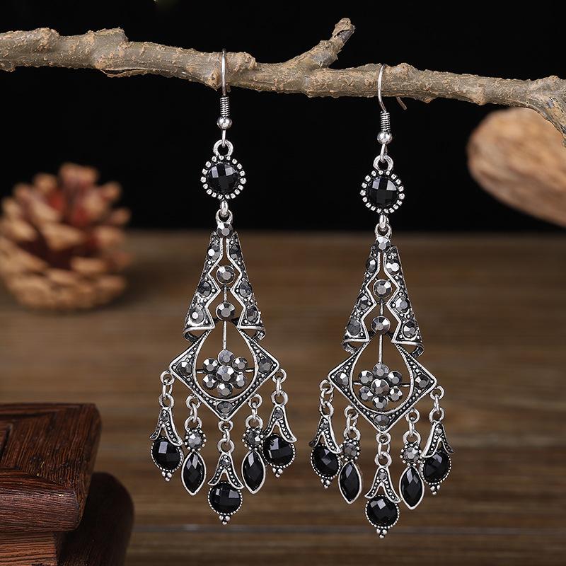 Fashion Ethnic Women's Crystal Flower Drop Tassel Long Earrings Wedding Jewelry Vintage Statement Bohemian Earrings Brincos
