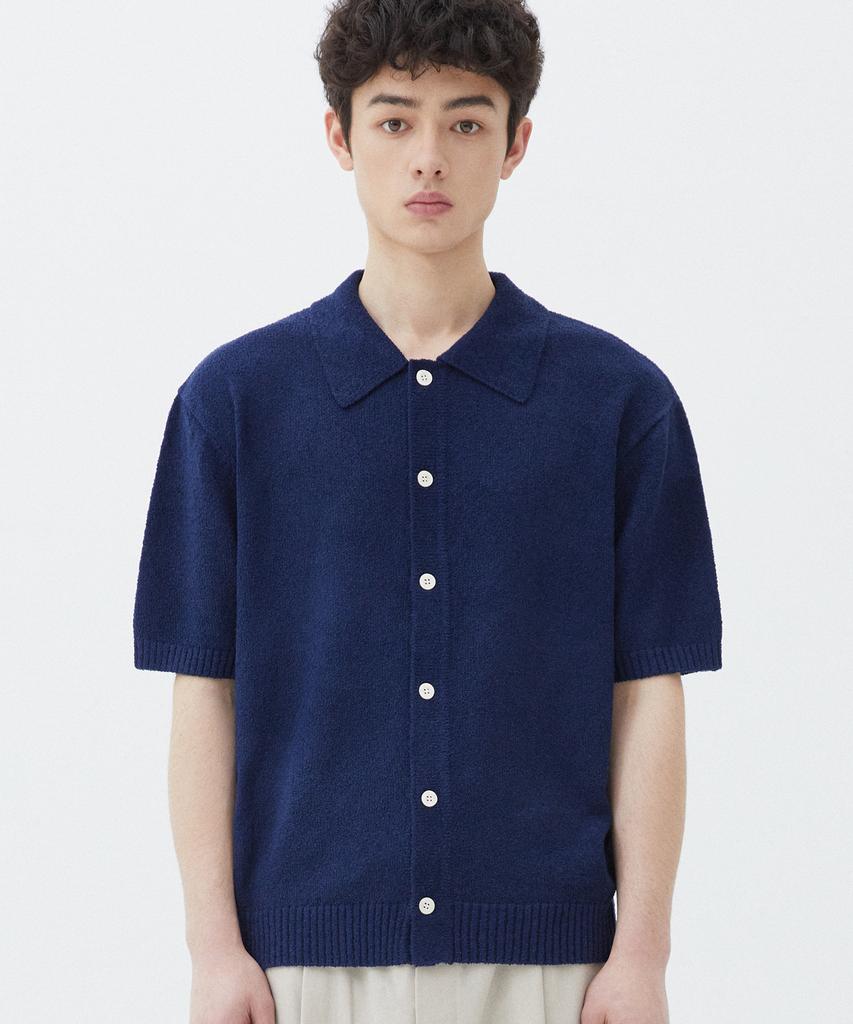 TRILLION Washable Boucle Collar Short Sleeve Knit (Current Navy)