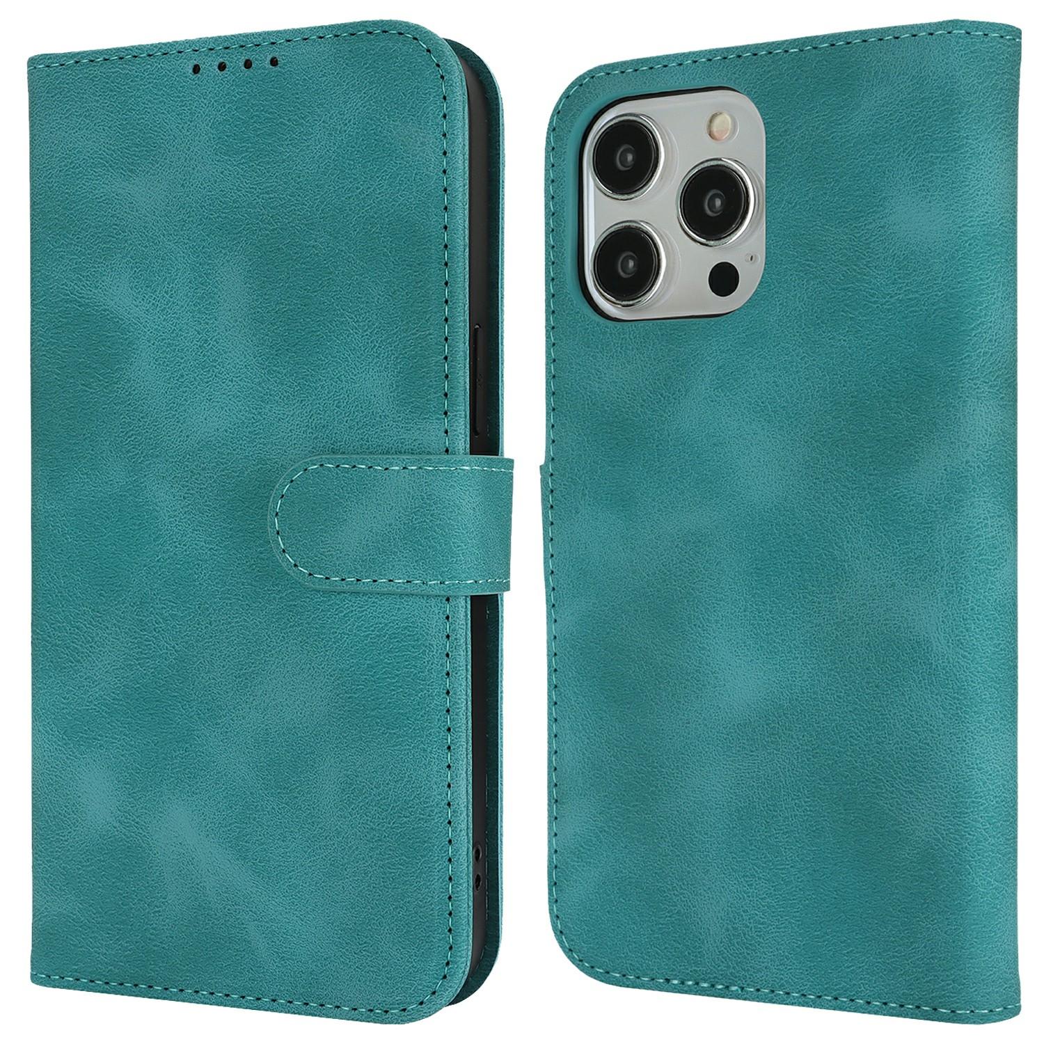 

For iPhone 14 Pro Max Wallet Case Double Folded Edge Skin Touch PU Leather Flip Phone Cover Mint Green