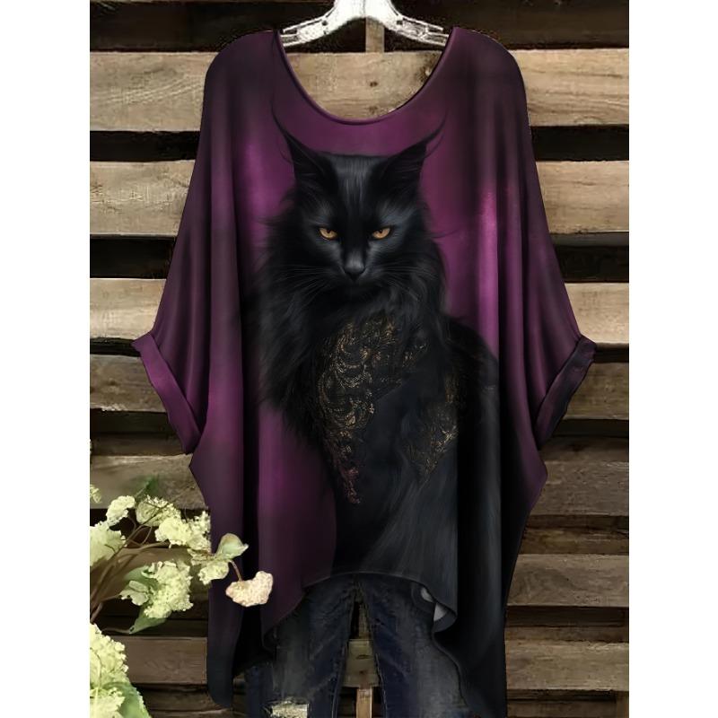 Plus Size Women's Casual Dolman Sleeve T-Shirt - Dark Night Cat Shadow Print, Loose Round Neck, Machine Washable Comfort Top for All Seasons