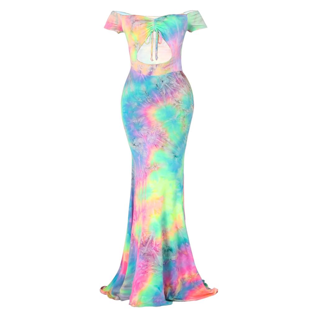 Spot! Popular, European and American sexy one-word shoulder exposed navel tie-dye dress S