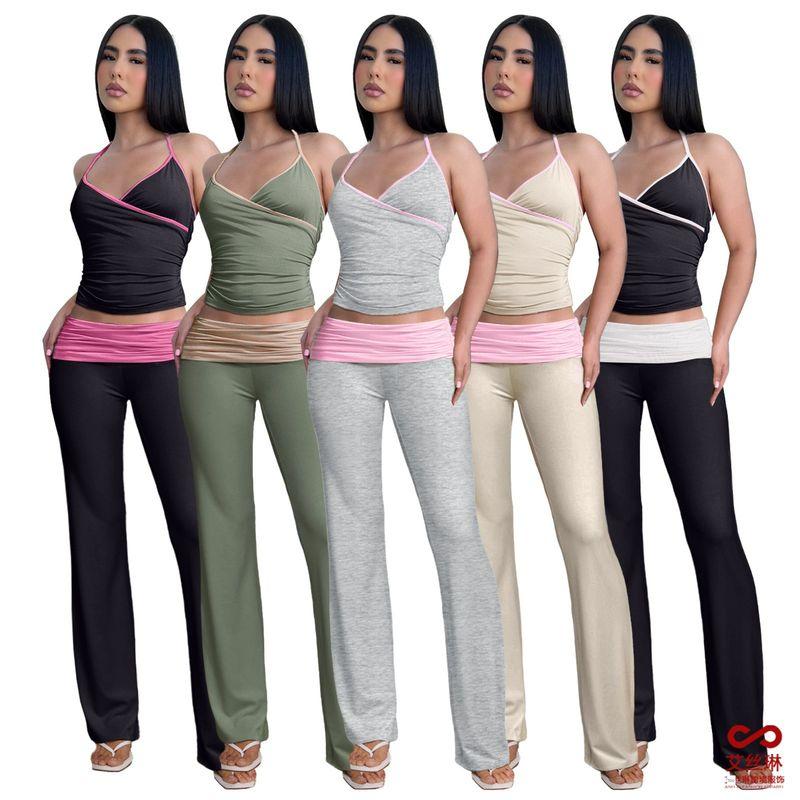 

Fashion Strap Fold Anti Waist Low Waist Set Low Waist Bootcut Trousers Suit Green L
