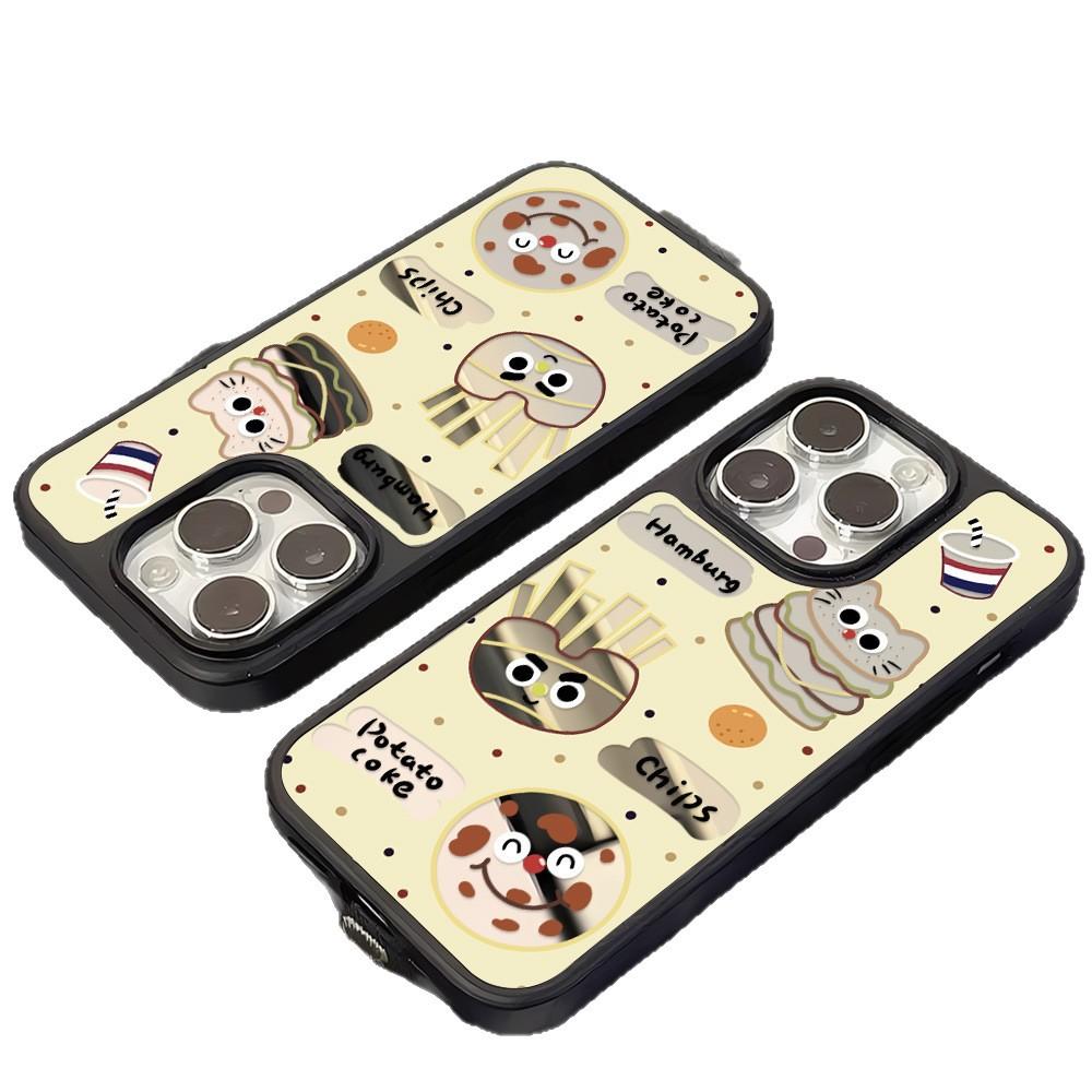 Cartoon burger mirror is suitable for Apple 17ProMax black frame mobile phone case 15 all-inclusive 13/12 niche 14 large holes