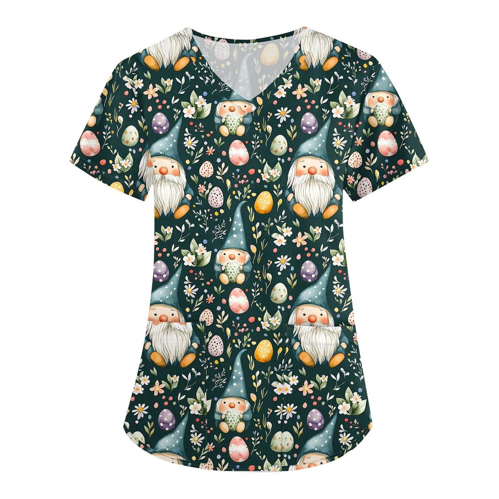 Women's Printed Uniform Work Uniform V-Neck Pocket Protective Uniform Protective Uniform