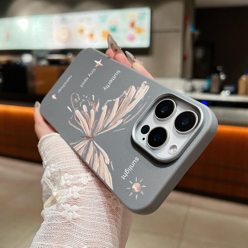 Simple Butterfly Print Shockproof Soft TPU Case For iPhone 16 Pro Max 15 Pro 14 13 12 11 Lens Protection Matte Leather Texture Slim Phone Cover