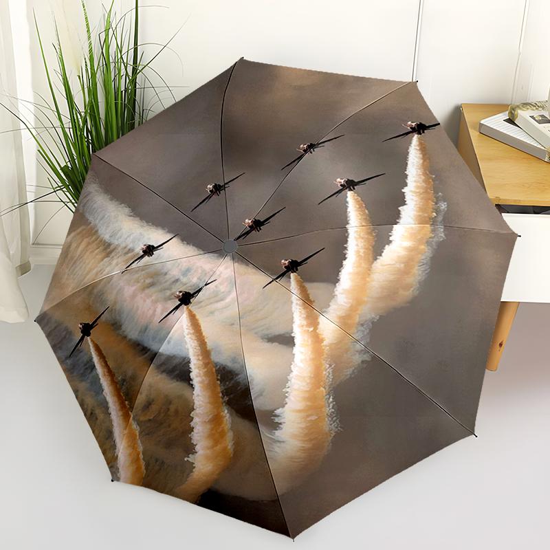 1pc Airplane Theme Pattern Umbrella Portable Folding Umbrella Iron Frame Hole Bone Structure Outdoor Home Umbrella