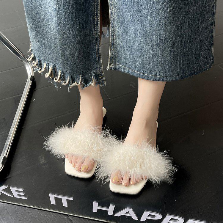 Women's 2026 Summer Fairy Style Furry Slippers - Girly Korean One-Strap Slides, Versatile with Skirts