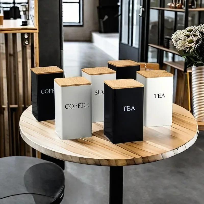 3-Piece Coffee Tea Sugar Storage Canister Set with Tray Kitchen Food Organizer Jars for Coffee Beans Tea Leaves Sugar Kitchen