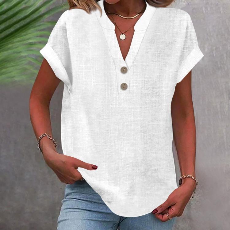 Women Casual V Neck Short Sleeve Button Down Shirt Solid Color T Shirt Top Fashion