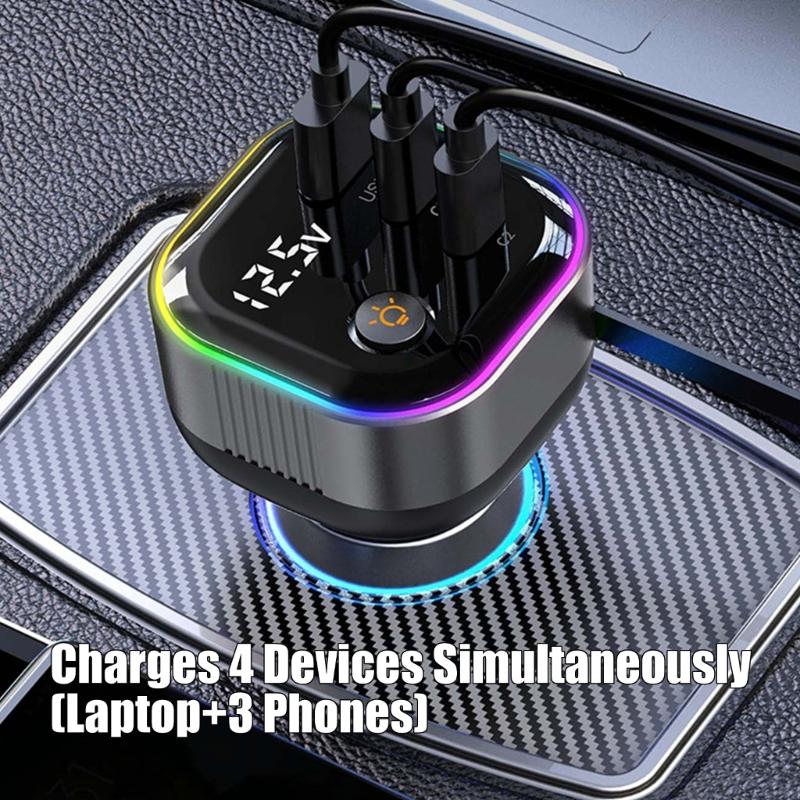 High Power Car Charger PD65W Retractable USB C Cable with 18W USB A /Type C Port Voltages Display Intelligent Protections